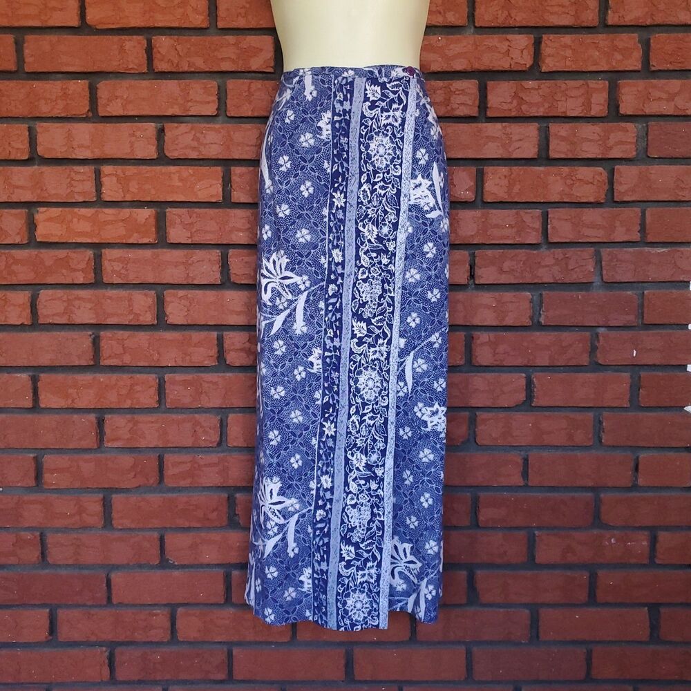 Floral Wrap Maxi Skirt Sz S Blue White Rayon Linen Beach Cover Up Lightweight
